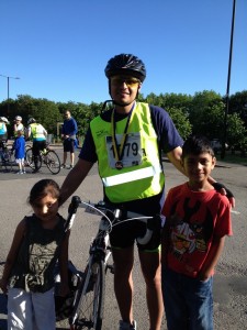 Ketan with his children at the end of the ride